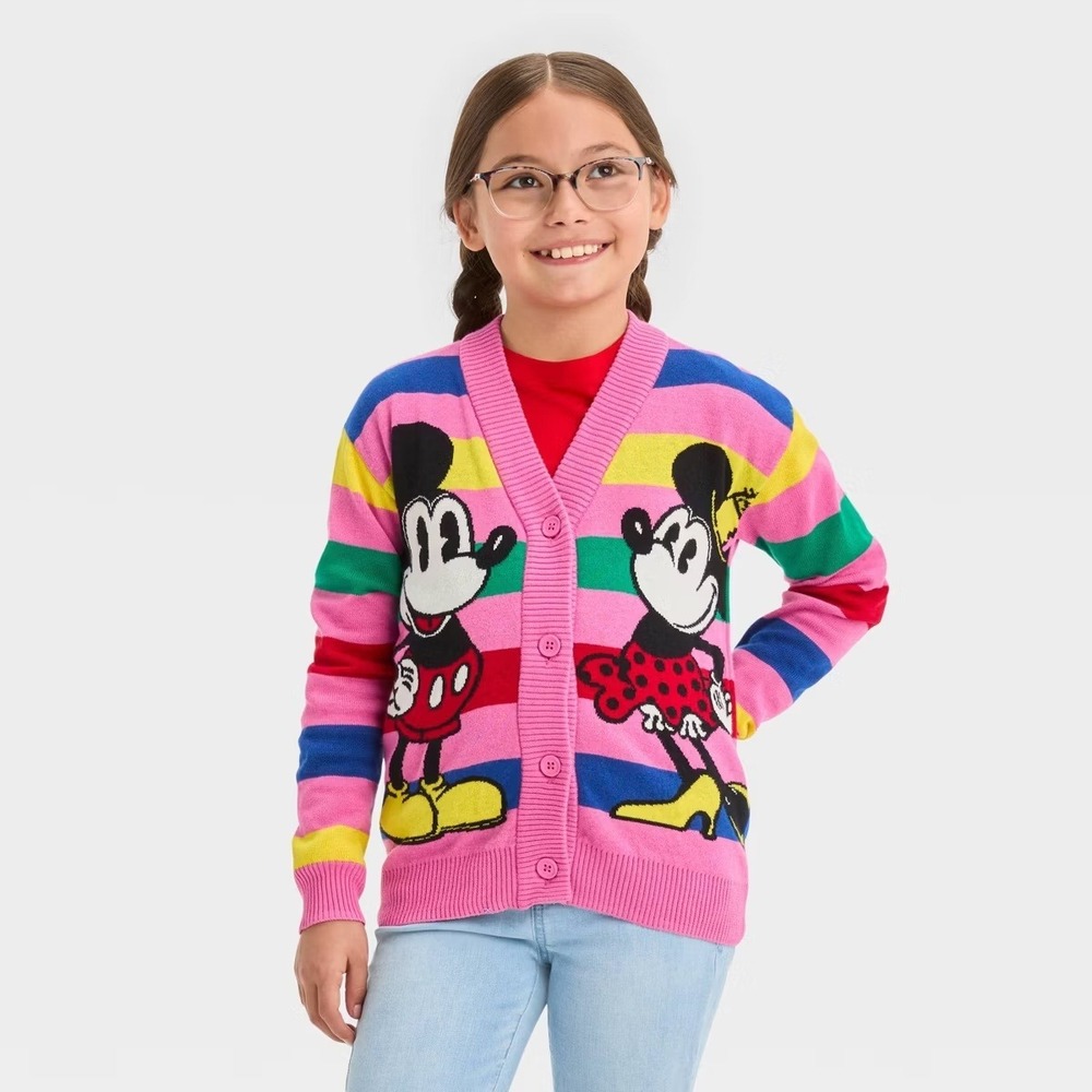 Disney Mickey Minnie Mouse Cardigan Girls Small S Pink Rainbow Stripe NWT